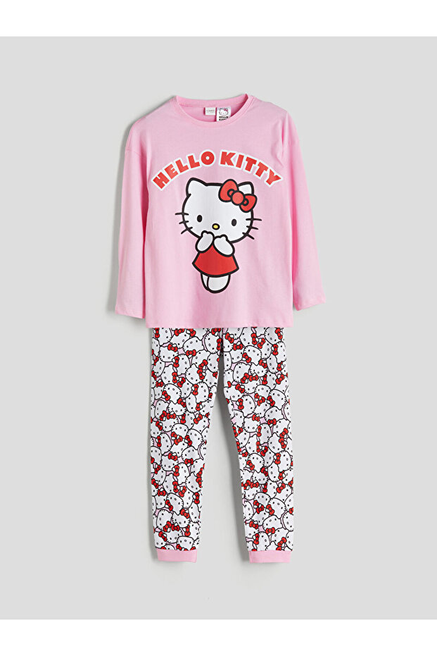 Pembe Bisiklet Yaka Hello Kitty Baskılı Kız Çocuk Pijama Takımı - 1