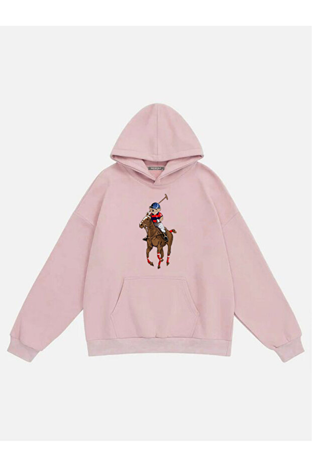Unisex Teddy Cowboy Printed Hooded Fleece Oversize Sweatshirt