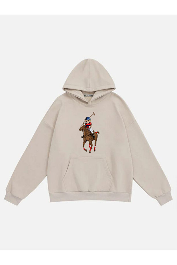 Unisex Teddy Cowboy Printed Hooded Fleece Oversize Sweatshirt