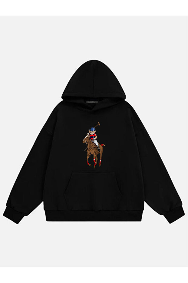 Unisex Teddy Cowboy Printed Hooded Fleece Oversize Sweatshirt