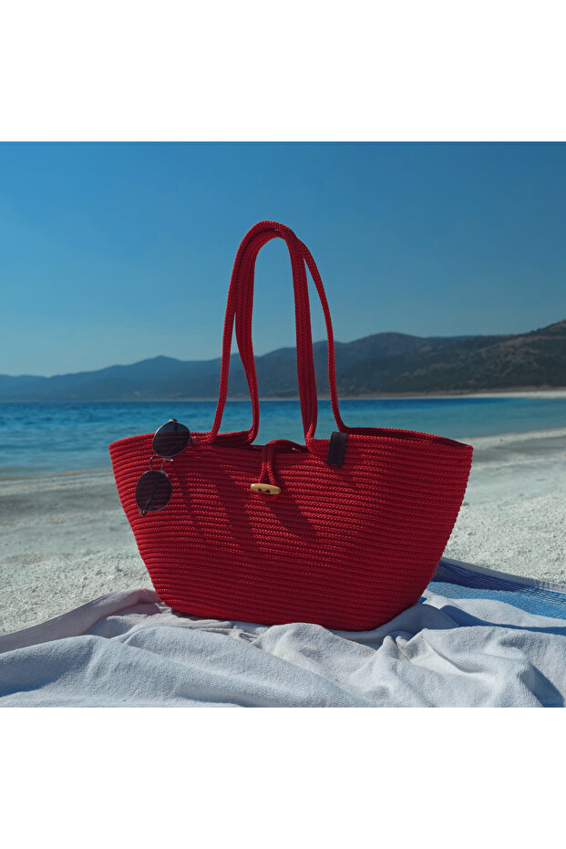 Red Premium Knitted Cord Rope Beach Bag - Large Size, Large Volume, Daily Women's Shoulder Bag