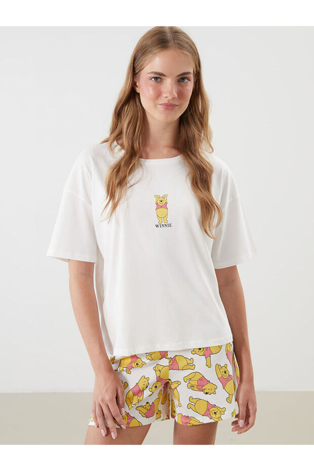 Ekru Winnie The Pooh Baskılı Kadın Şortlu Pijama Takımı - 5