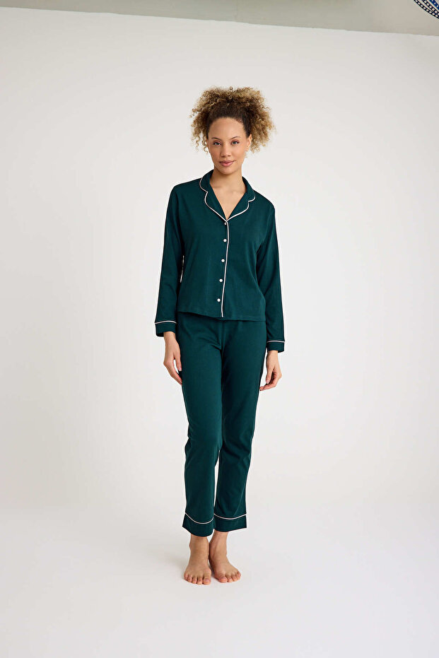 Long Sleeve Cotton Women's Dark Green Piping Pajama Set