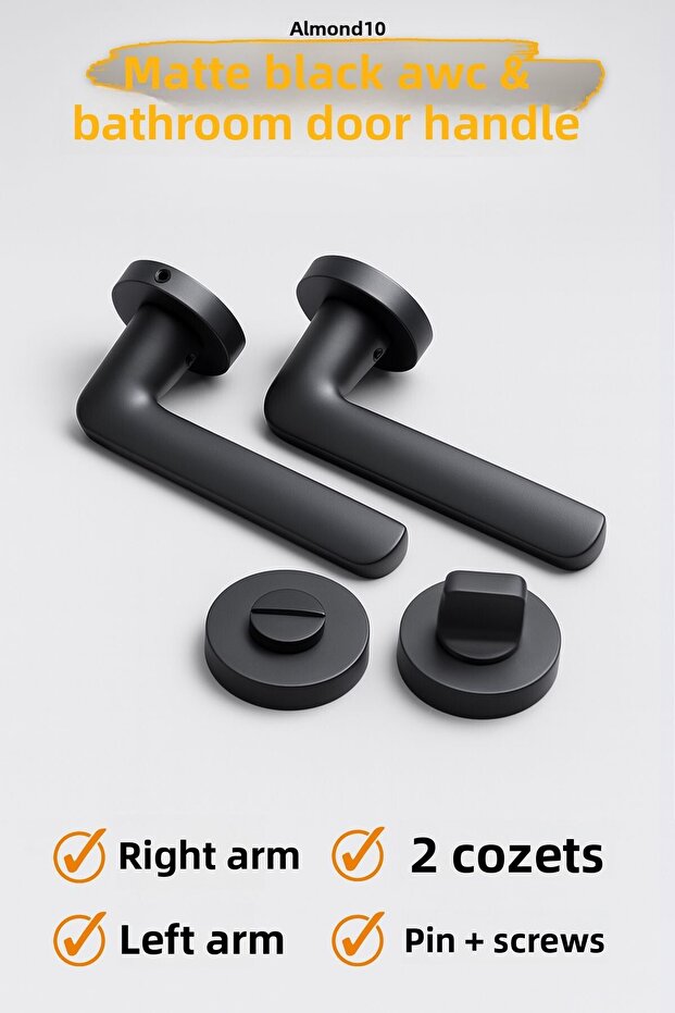Matte Black Wc Bathroom Type Door Handle with Rosette Right Left Suitable Modern Interior Door with Lock 1 Set - 1