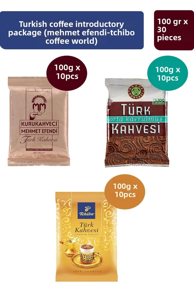 Turkish Coffee Introduction Package (Tchibo-Mehmet Efendi-Coffee World) 100 Gr X 30 Pieces