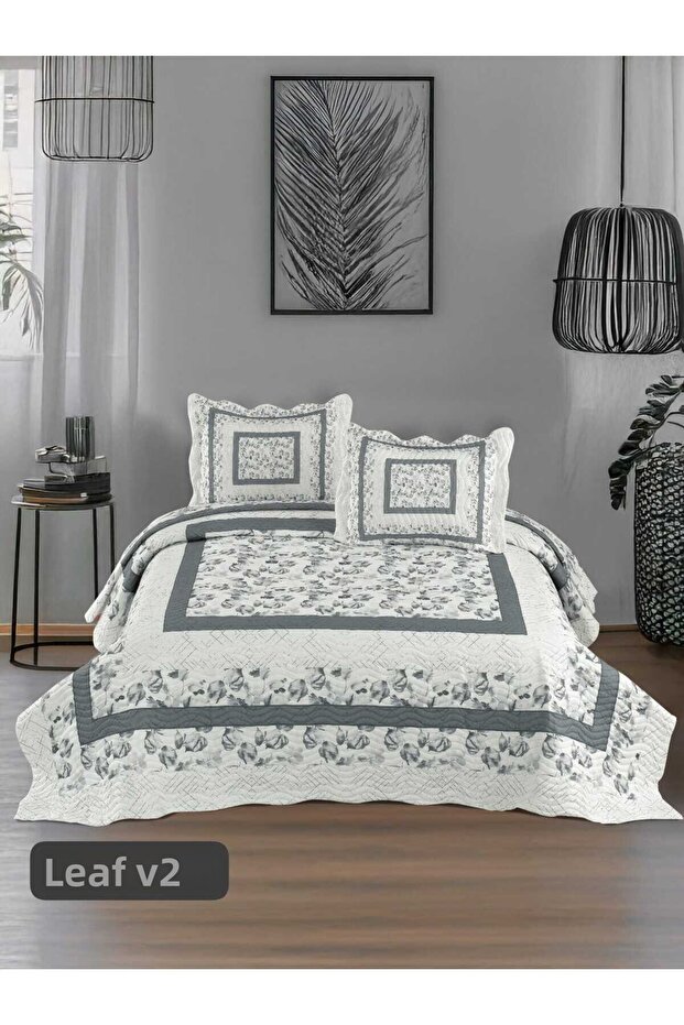Leaf Gray Quilted Bedspread Çk - 1