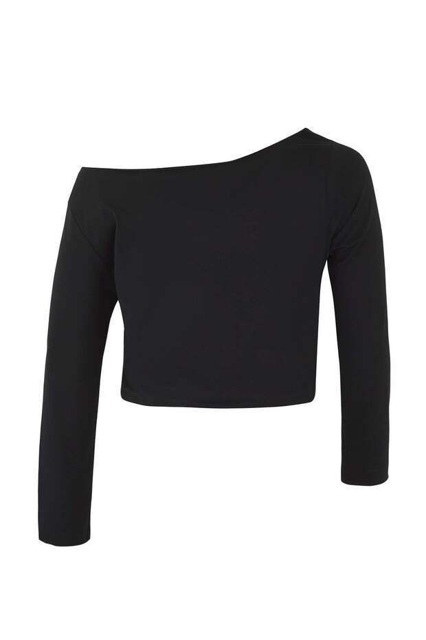 Siyah-Beyaz 2'li Paket %100 Pamuk Asimetrik Kayık Yaka Crop Örme T-Shirt TBBAW26BF00001 - 9