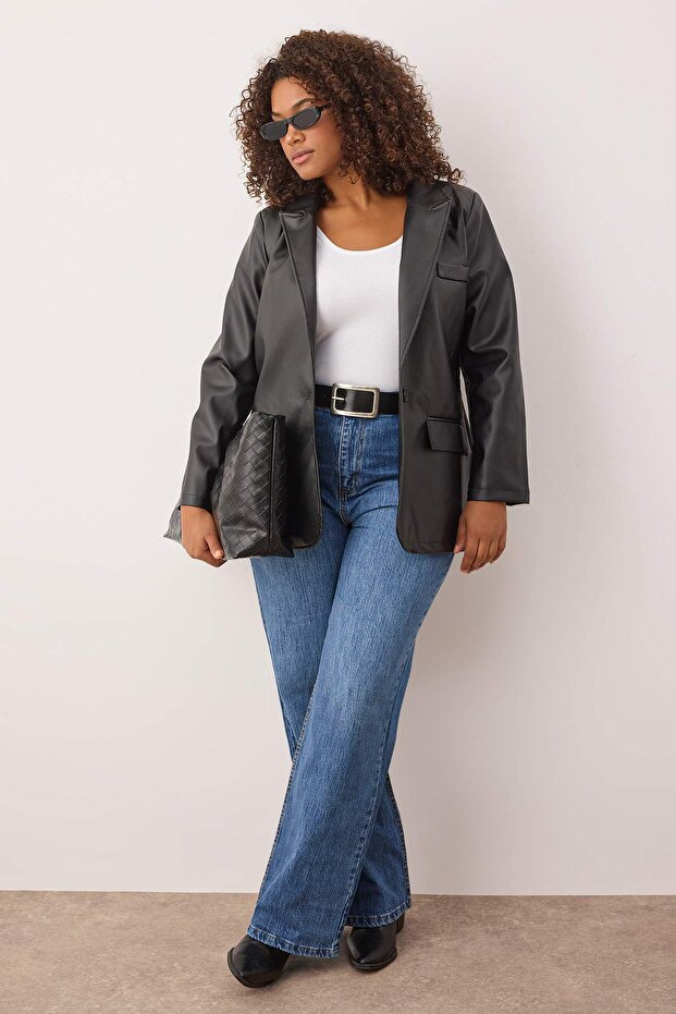 Czarna, duża, tkana kurtka z imitacji skóry TBBAW26AG00013 - 1