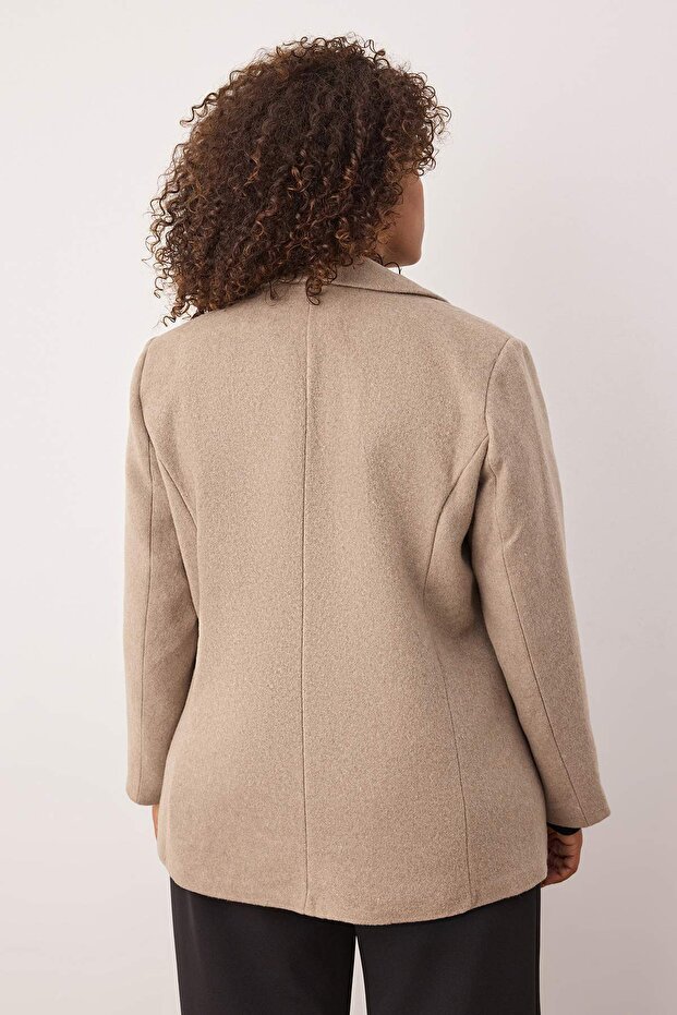 Bej Oversize/Bol Kesim Büyük Beden Dokuma Ceket TBBAW26AG00010 - 5