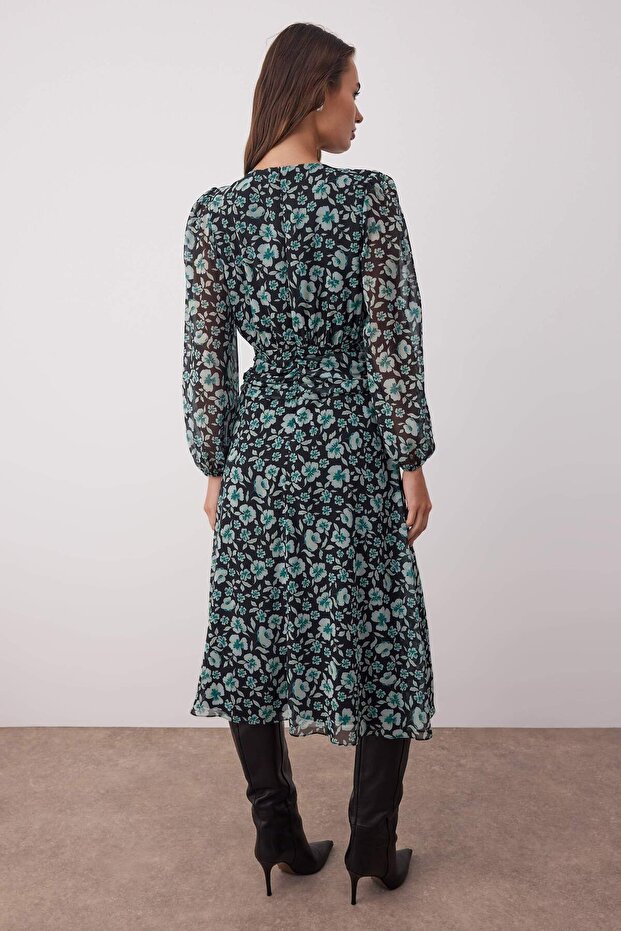 Yeşil Çiçek Desenli A-Kesim Boho Maxi Dokuma Elbise TWOAW26EL00083 - 5
