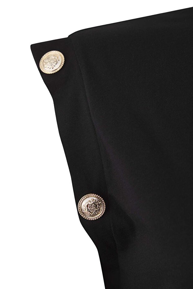 Siyah Bisiklet Yaka Düğme Detaylı %100 Pamuk Örme Büyük Beden T-shirt TBBSS25BF00010 - 4