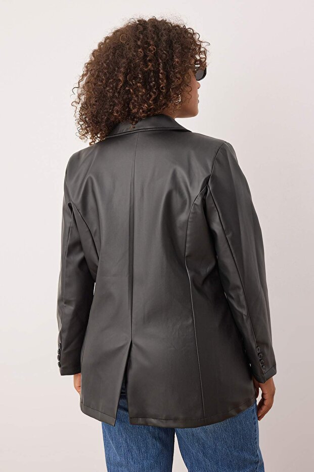 Czarna, duża, tkana kurtka z imitacji skóry TBBAW26AG00013 - 4