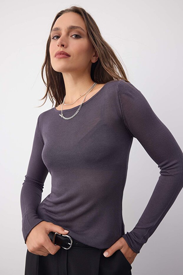 Wardrobe Essentials Anthrazit Basic Dünner Strickpullover | TWOAW26KZ00112 - 1