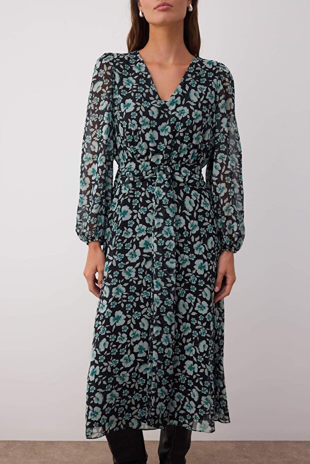 Yeşil Çiçek Desenli A-Kesim Boho Maxi Dokuma Elbise TWOAW26EL00083 - 4