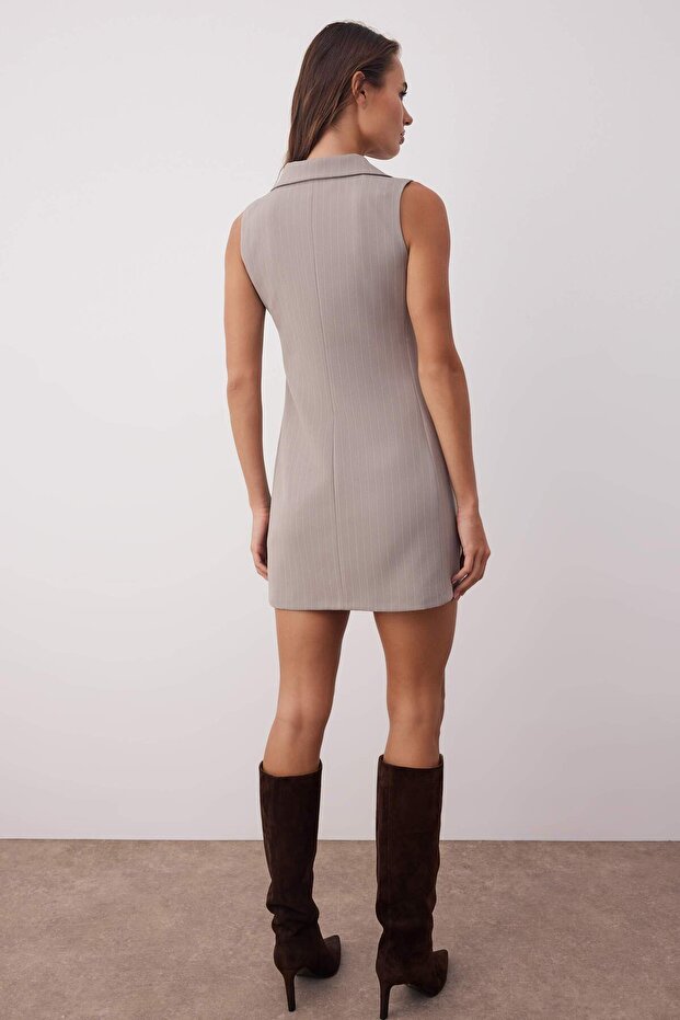 Gri Çizgili Kısa / Mini Dokuma Ceket Elbise TWOAW26EL00120 - 4