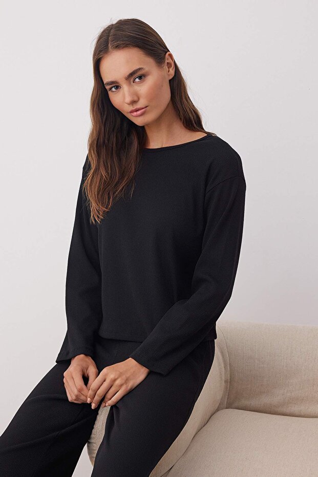 Siyah Fitilli Örme Pijama Takımı THMAW21PT0684 - 3