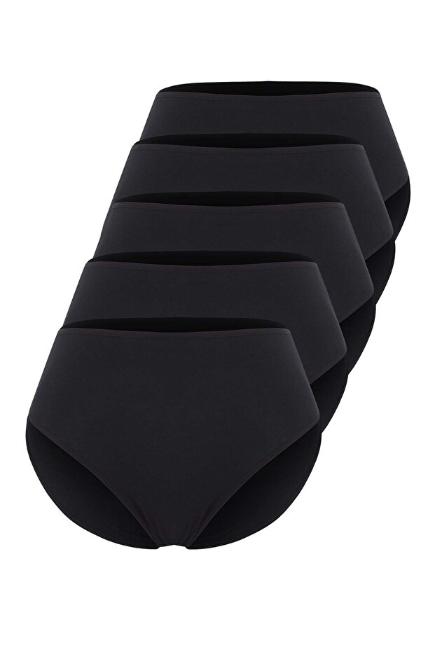 Siyah 5'li Paket Pamuklu Yüksek Bel Klasik Büyük Beden Külot TBBSS25CM00013 - 2