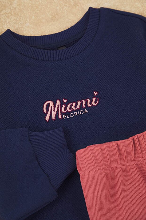 Lacivert Pamuklu Baskılı Oversize Örme Kız Çocuk Tayt-Sweatshirt Örme Alt - Üst Takım TKDAW26AU00023 - 4