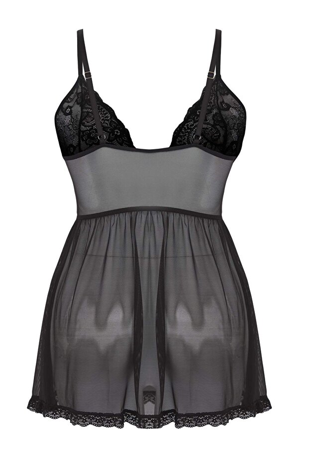 Siyah Kapsız Balensiz İnce Dantelli Büyük Beden Babydoll TBBSS25DH00001 - 5