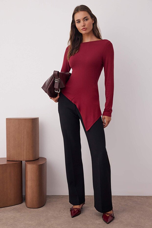 Bordo Viskon/Yumuşak Kumaşlı Asimetrik Esnek Örme Bluz TWOAW25BZ00233 - 2