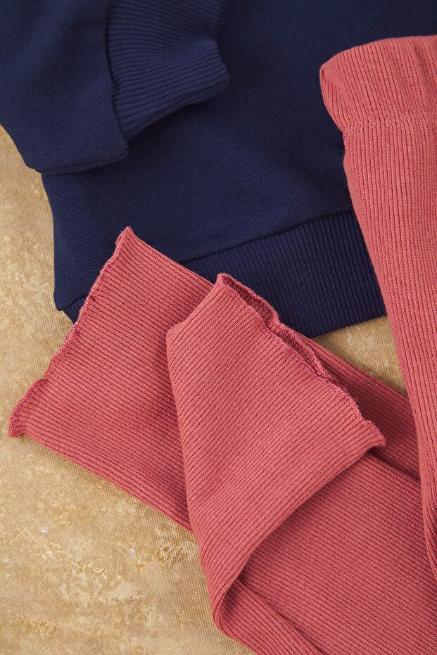 Lacivert Pamuklu Baskılı Oversize Örme Kız Çocuk Tayt-Sweatshirt Örme Alt - Üst Takım TKDAW26AU00023 - 3