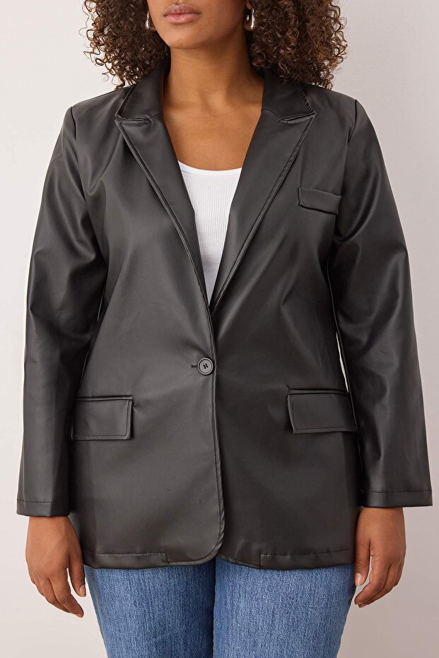 Czarna, duża, tkana kurtka z imitacji skóry TBBAW26AG00013 - 3