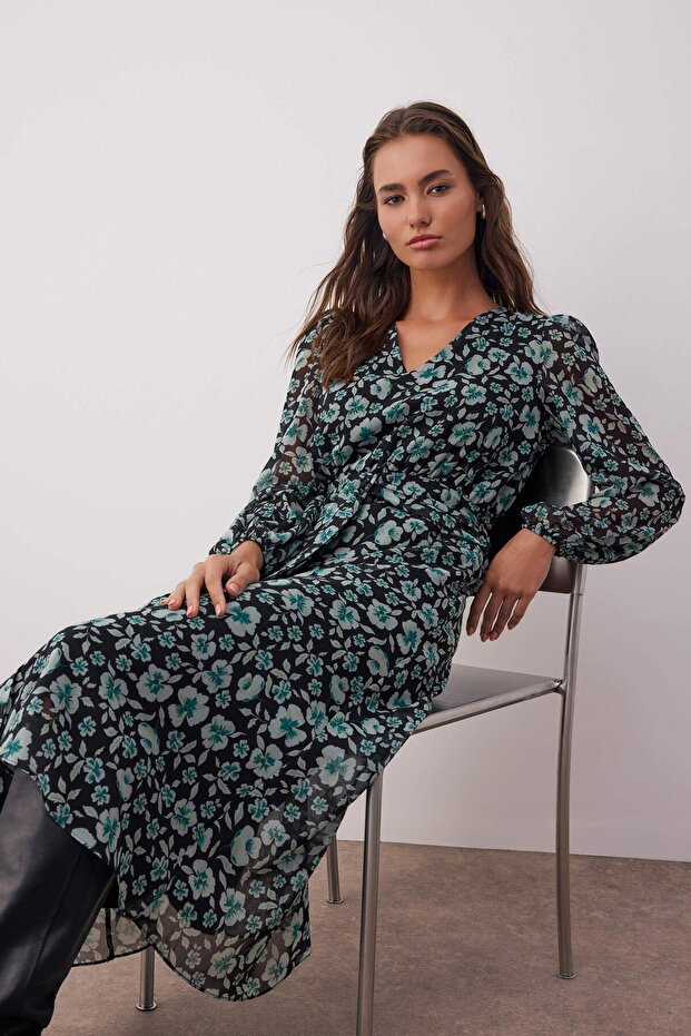 Yeşil Çiçek Desenli A-Kesim Boho Maxi Dokuma Elbise TWOAW26EL00083 - 3