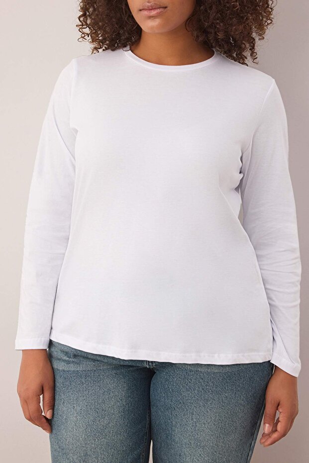 Beyaz %100 Pamuk Uzun Kollu Bisiklet Yaka Regular Basic Örme Büyük Beden T-Shirt TBBAW26BF00000 - 3