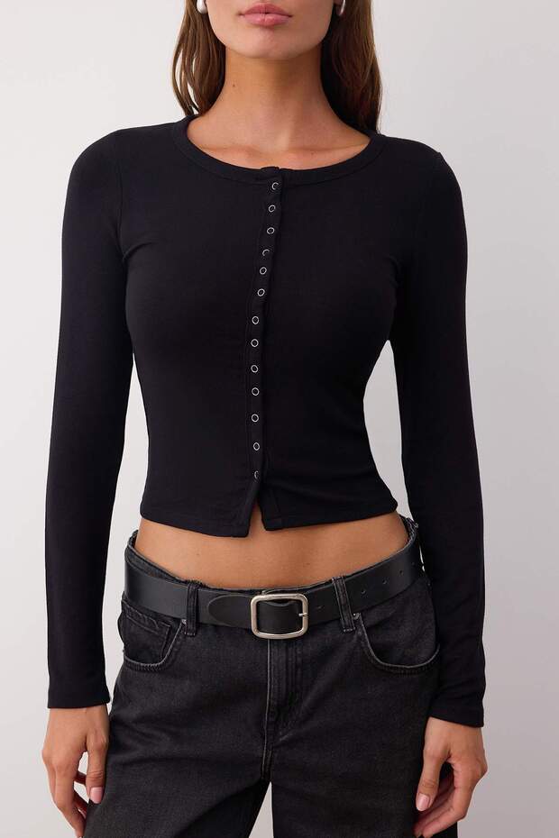 Siyah Önü Full Çıtçıtlı Fitted/Vücuda Oturan Örme Bluz TWOAW26BZ00193 - 3