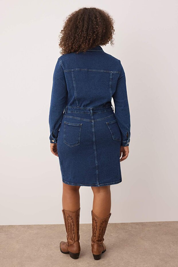 Mavi Gömlek Yaka Orta Esnek Denim Büyük Beden Elbise TBBAW26AH00015 - 4