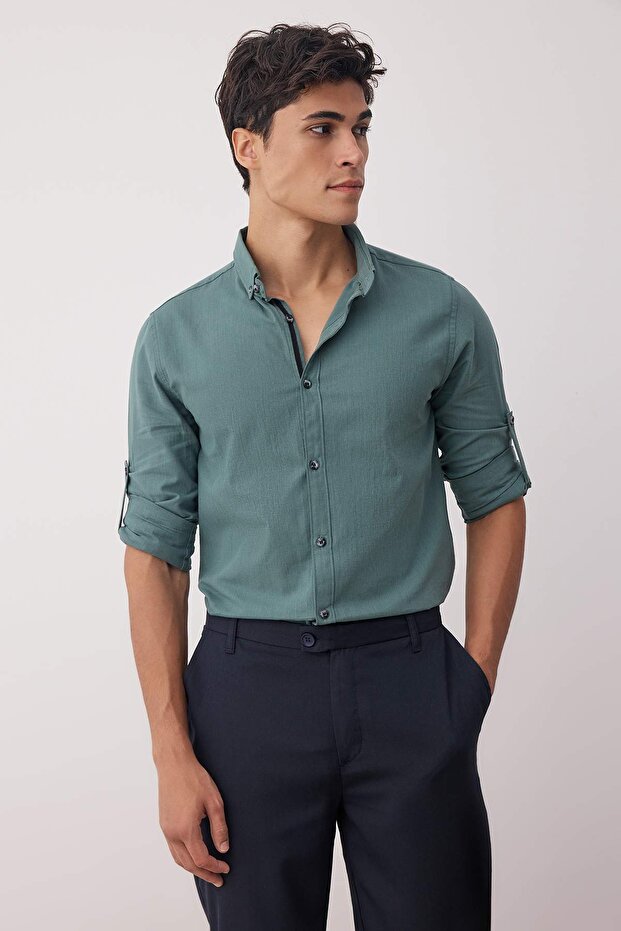 Koyu Yeşil Düğmeli Yaka Apoletli Slim Fit Uzun Kol %100 Pamuklu Keten Görünümlü Gömlek TMNSS20GO0189 - 6