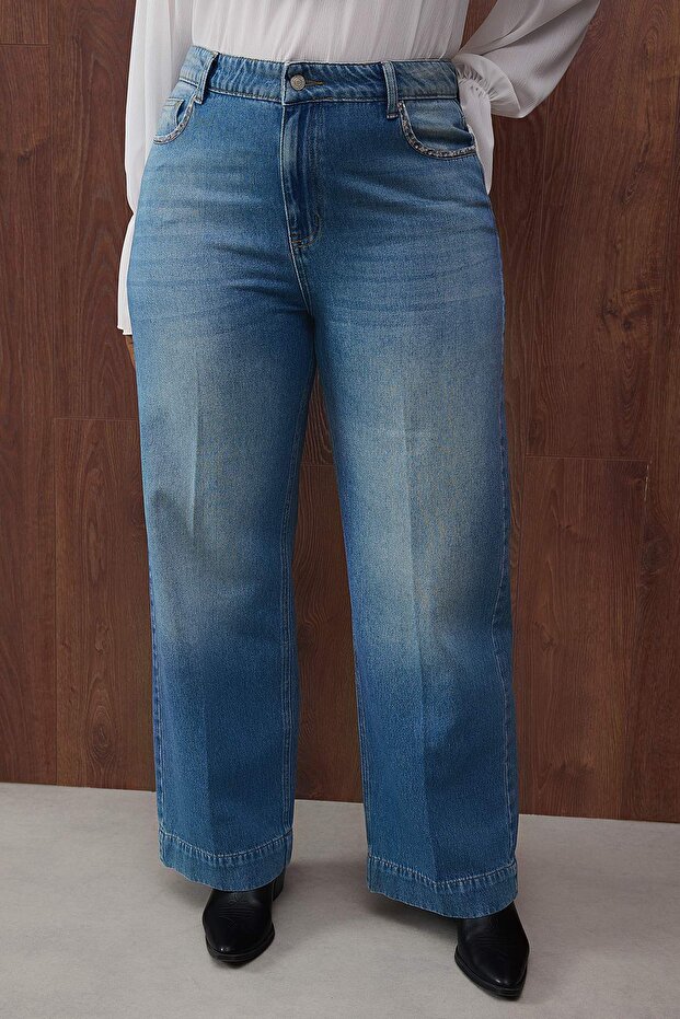 Özel Koleksiyon Mavi Yüksel Bey Cep Detaylı Straight Fit İnce Kumaş Büyük Beden Jeans TBBAW26CJ00021 - 3
