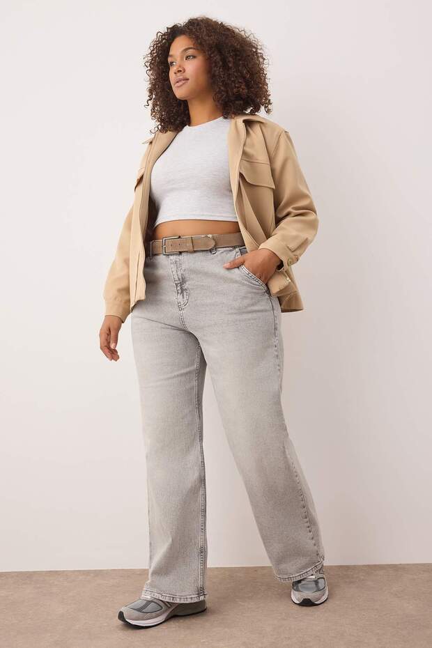 Açık Gri Yüksek Bel Geniş Paça Büyük Beden Wide Leg Jeans TBBSS24CJ00048 - 1