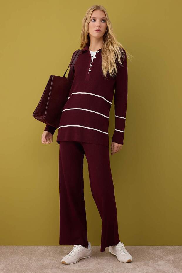 Bordo-Krem Fitted Selanik Düz Triko  Tesettür Alt - Üst Takım TCTAW26US00051