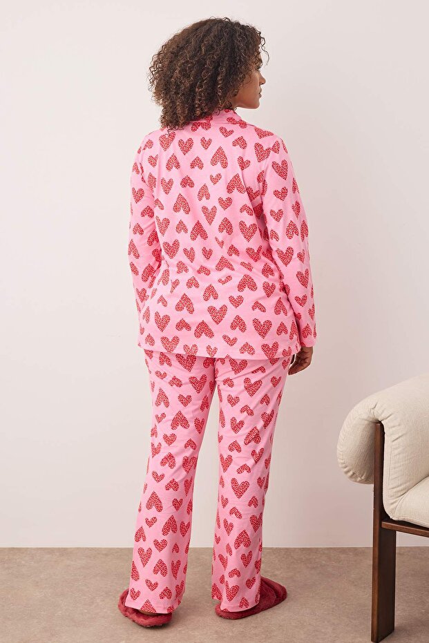 Pembe %100 Pamuklu Kalp & Leopar Desenli Gömlek-Pantolon Örme Pijama Takımı TBBAW26AI00017 - 5