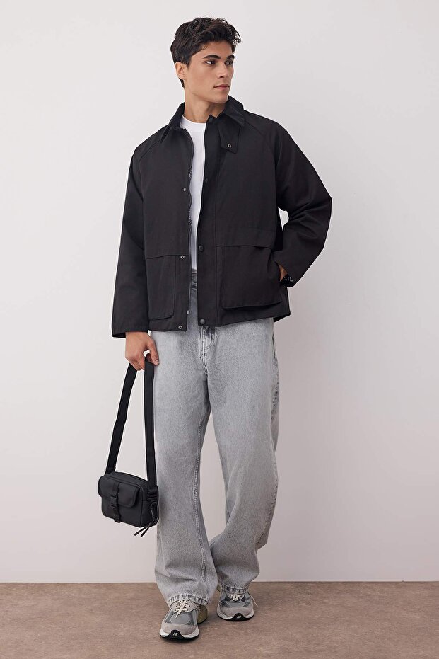 Siyah Regular Fit Kadife Yaka Detaylı Unisex Mevsimlik Mont TMNAW25MO00017 - 1