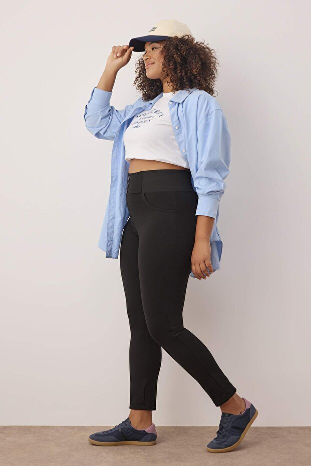 Siyah Beli Lastikli Skinny Örme Büyük Beden Pantolon TBBAW23AR00023 - 2