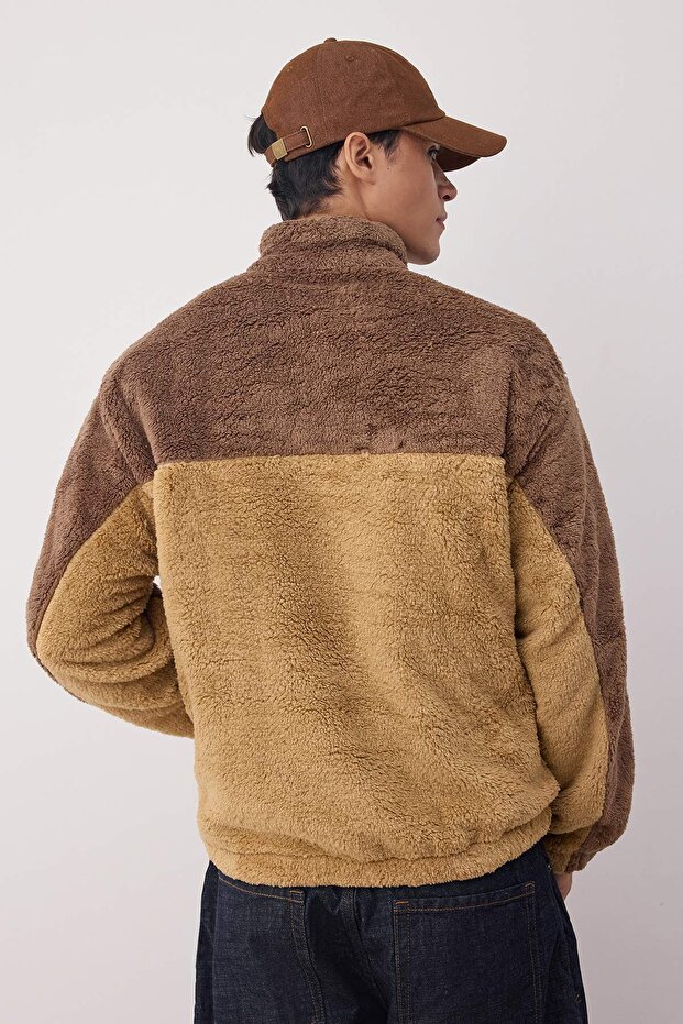 Camel Unisex Oversize/Geniş Kesim Renk Blok Sıcak Tutan Peluş Sweatshirt TMNAW22SW1477 - 6