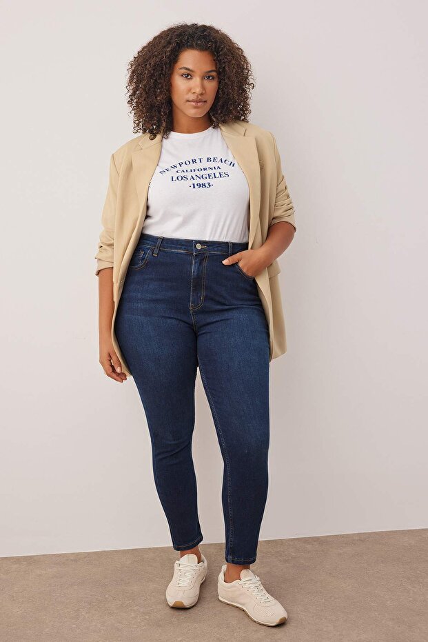 Koyu Mavi Yüksek Bel Esnek/Stretch Büyük Beden Skinny Jeans TBBAW23JE00000 - 1