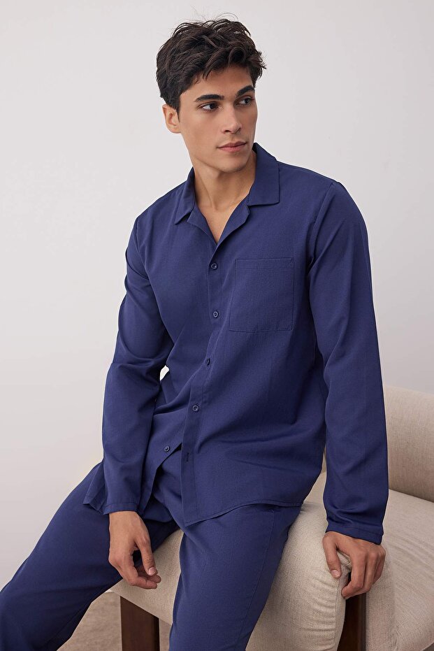 Lacivert Regular Fit Dokuma Pijama Takımı TMNAW24PT00057 - 2
