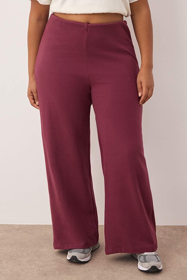 Bordo Fake Triko Yüksek Bel Straight Fit Beli Lastikli Örme Büyük Beden Pantolon TBBAW26AR00004 - 3