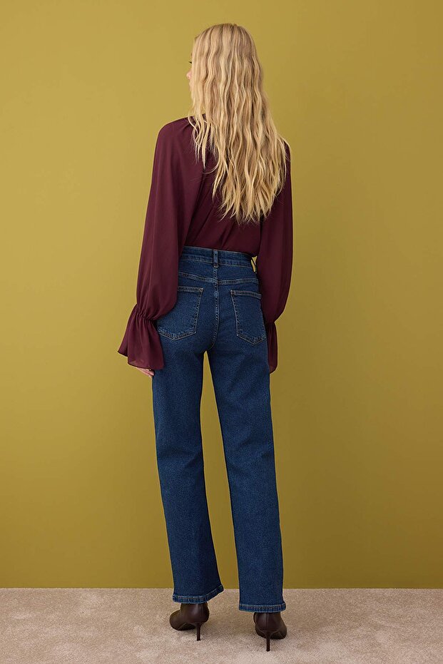 Koyu Mavi Yüksek Bel Comfort/Esnek/Rahat Straight Düz Kesim Boru Paça Jeans TWOAW26JE00062 - 4