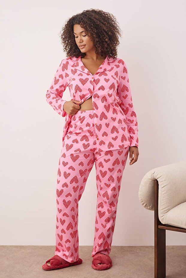 Pembe %100 Pamuklu Kalp & Leopar Desenli Gömlek-Pantolon Örme Pijama Takımı TBBAW26AI00017 - 3