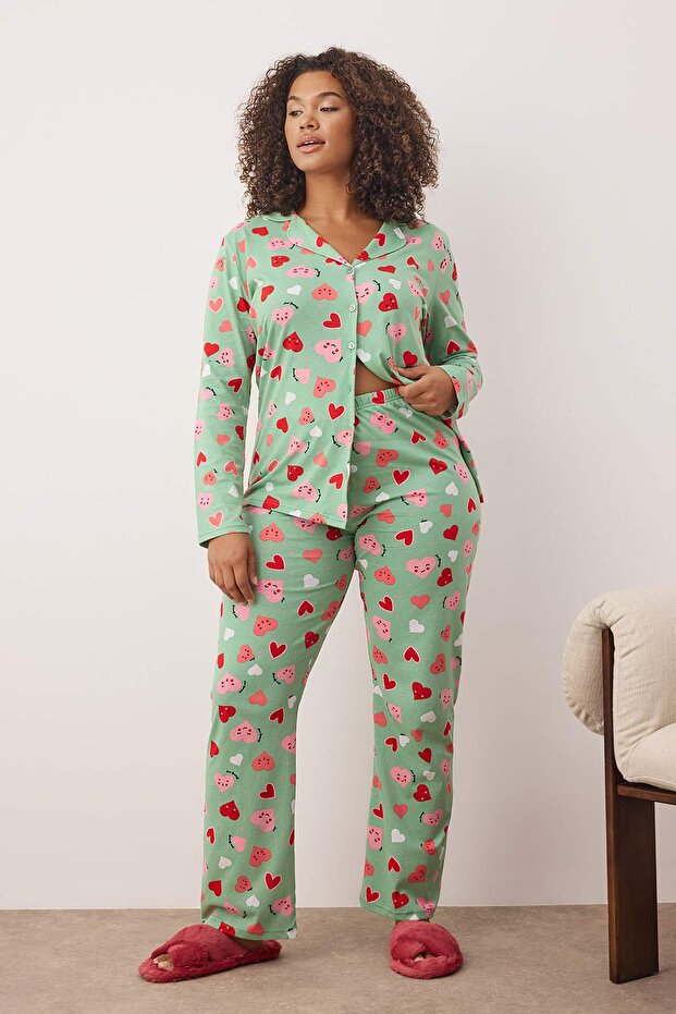 Mint Kalpli Gömlek Yaka Örme Pijama Takımı TBBAW23AI00019 - 2