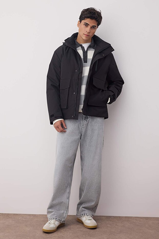 Siyah Fitted Kışlık Parka Kalın Erkek Mont TMNAW26MO00007 - 1