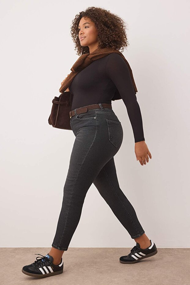 Gri Yüksek Bel Esnek Skinny Denim Büyük Beden Jeans TBBAW26CJ00006 - 1