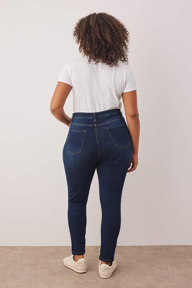 Koyu Mavi Yüksek Bel Esnek/Stretch Büyük Beden Skinny Jeans TBBAW23JE00000 - 4