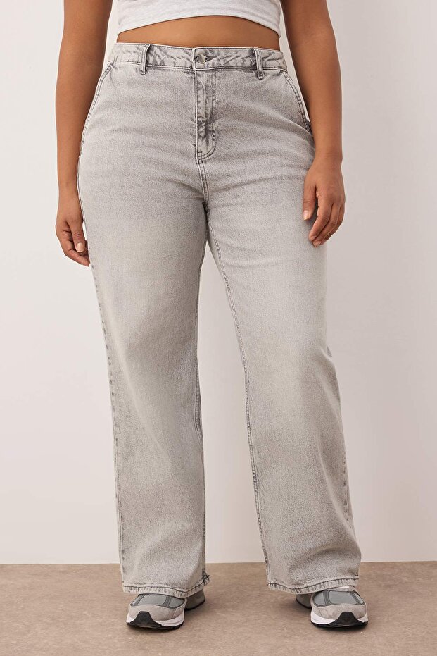 Açık Gri Yüksek Bel Geniş Paça Büyük Beden Wide Leg Jeans TBBSS24CJ00048 - 3
