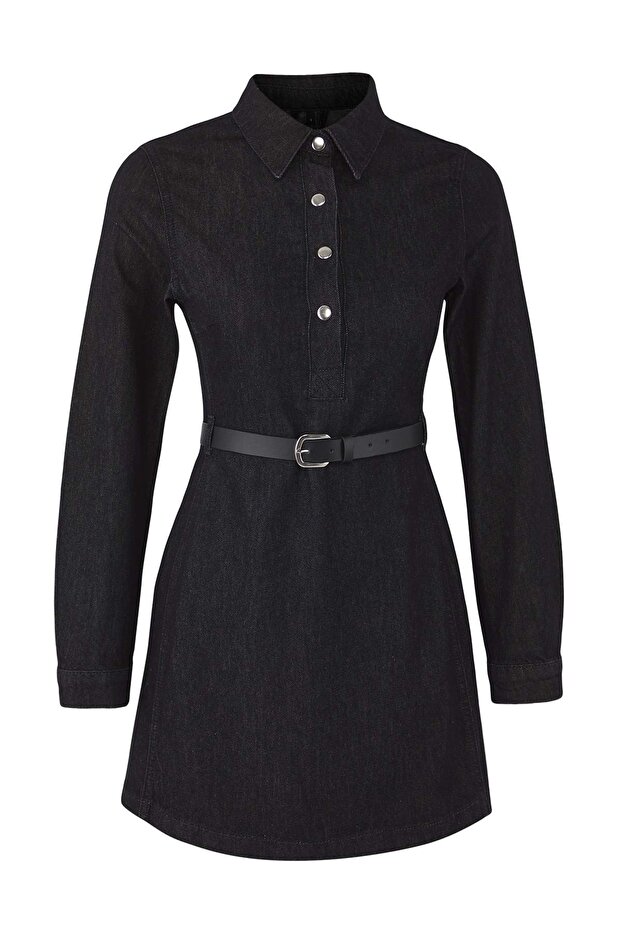 Siyah Gömlek Yaka Kemerli Uzun Kollu Mini Denim Elbise TWOAW26EL00050 - 5
