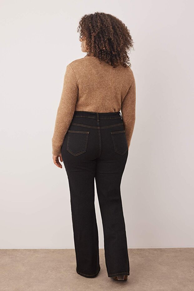 Özel Koleksiyon Siyah Yüksek Bel Nervürlü İspanyol Paça Büyük Beden Flare Jeans TBBAW26CJ00013 - 8